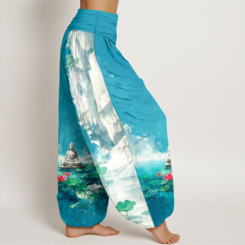 Buddha Stones Cotton Lotus Flower Leaf Rocks Water Surface Cloud Buddha Pattern Women's Elastic Waist Harem Pants - image 2