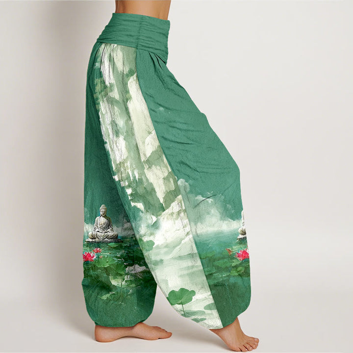 Buddha Stones Cotton Lotus Flower Leaf Rocks Water Surface Cloud Buddha Pattern Women's Elastic Waist Harem Pants - image 7
