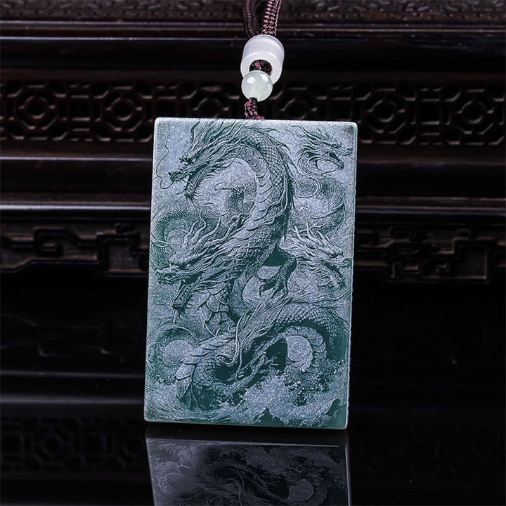 Buddha Stones Dragon Rectangular Jade Rope Luck Success Necklace Pendants - image 1