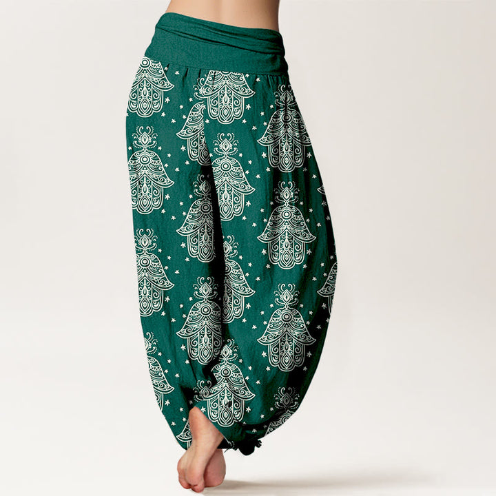 Buddha Stones Cotton Neatly Arranged Hamsa's Hand Pattern Women's Elastic Waist Harem Pants - image 1