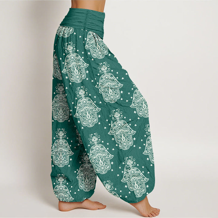 Buddha Stones Cotton Neatly Arranged Hamsa's Hand Pattern Women's Elastic Waist Harem Pants - image 2