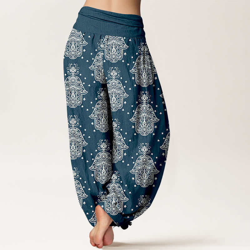 Buddha Stones Cotton Neatly Arranged Hamsa's Hand Pattern Women's Elastic Waist Harem Pants - image 6