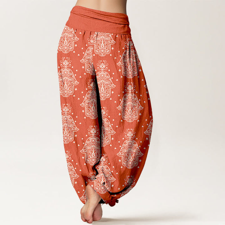 Buddha Stones Cotton Neatly Arranged Hamsa's Hand Pattern Women's Elastic Waist Harem Pants - image 9