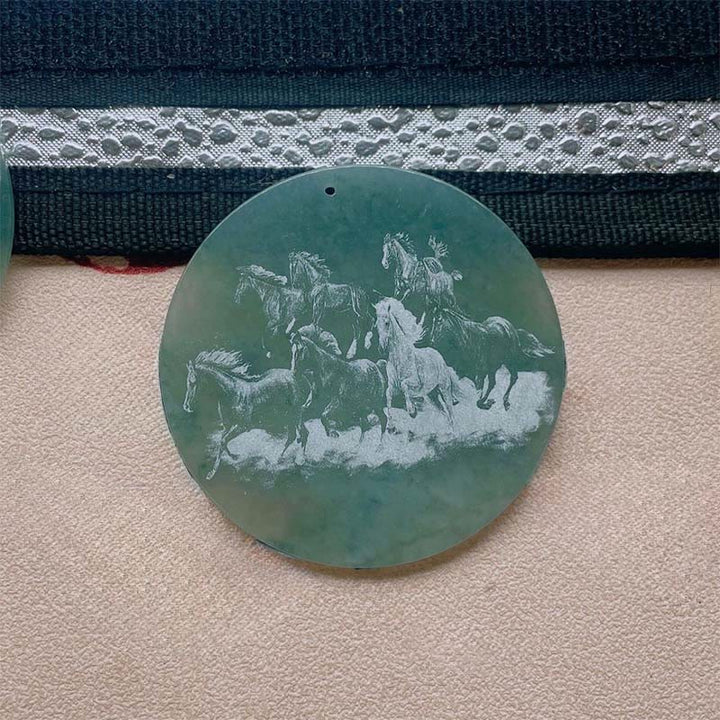 Buddha Stones Year Of The Horse Round Charm Carved Jade Stone Prosperity Necklace Pendants - image 1