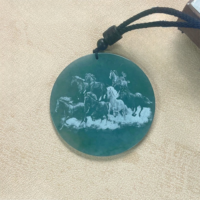 Buddha Stones Year Of The Horse Round Charm Carved Jade Stone Prosperity Necklace Pendants - Jade(Size: 50mm) - image 0