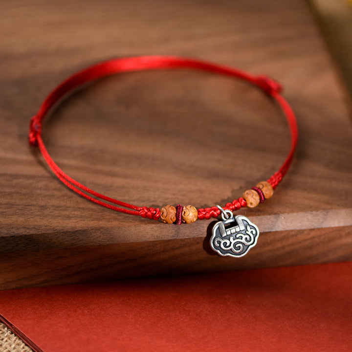 Buddha Stones Silver Longevity Lock Red String Peach Wood Bead Protection Adjustable Cats Small Dogs Pet Collar - image 9