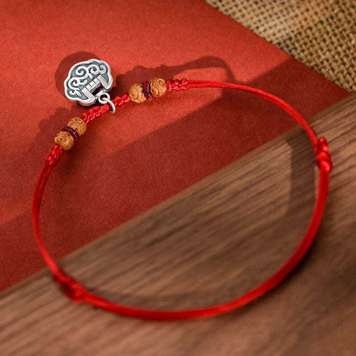 Buddha Stones Silver Longevity Lock Red String Peach Wood Bead Protection Adjustable Cats Small Dogs Pet Collar - image 3