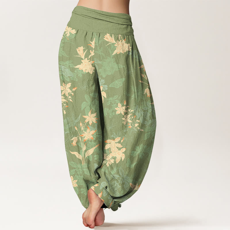 Buddha Stones Cotton Fresh Refined Flower Leaf Pattern Women's Elastic Waist Harem Pants - image 9