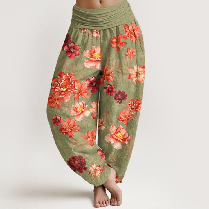 Buddha Stones Cotton Intensely Colored Flower Pattern Women's Elastic Waist Harem Pants - YellowGreen - US16，UK/AU20，EU48 (3XL) - image 5
