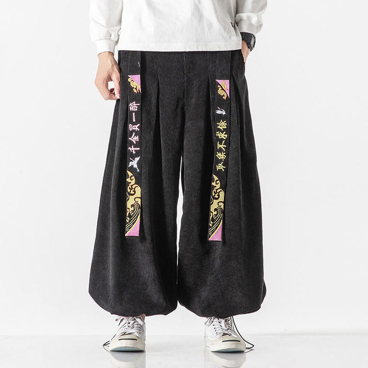 Buddha Stones Fall Winter Lace-up Chinese Character Embroidery Men's Corduroy Pants With Pockets - Black - US/UK/AU46，EU56 (5XL) - image 0