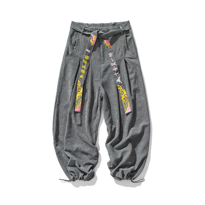 Buddha Stones Fall Winter Lace-up Chinese Character Embroidery Men's Corduroy Pants With Pockets - image 7