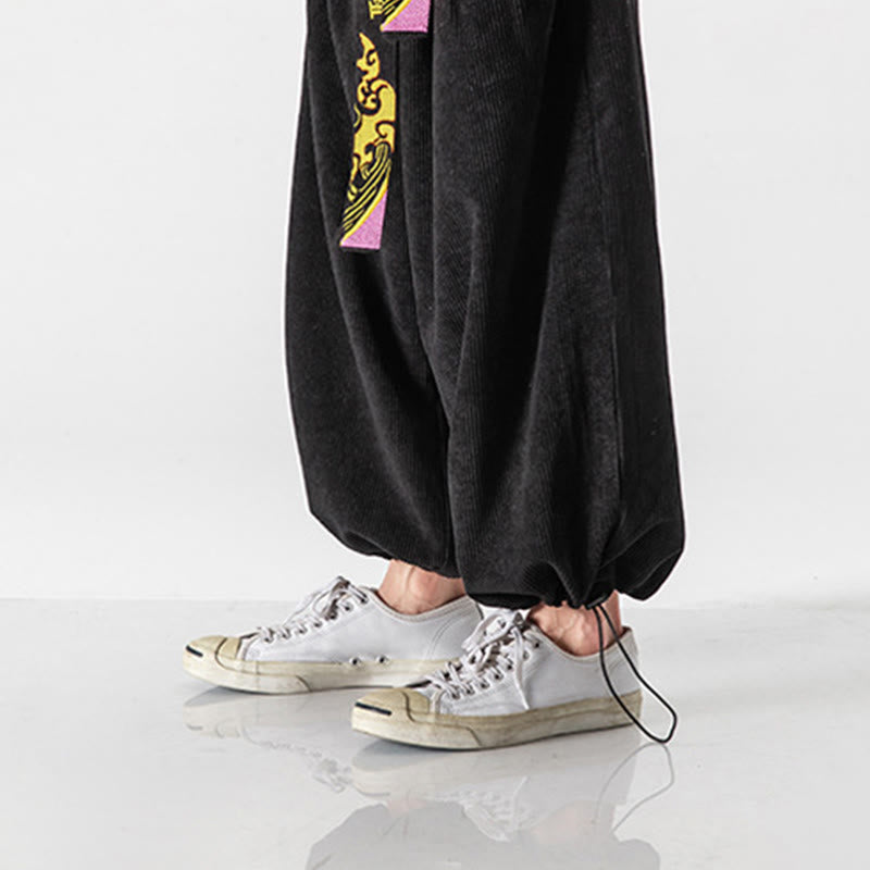 Buddha Stones Fall Winter Lace-up Chinese Character Embroidery Men's Corduroy Pants With Pockets - image 3