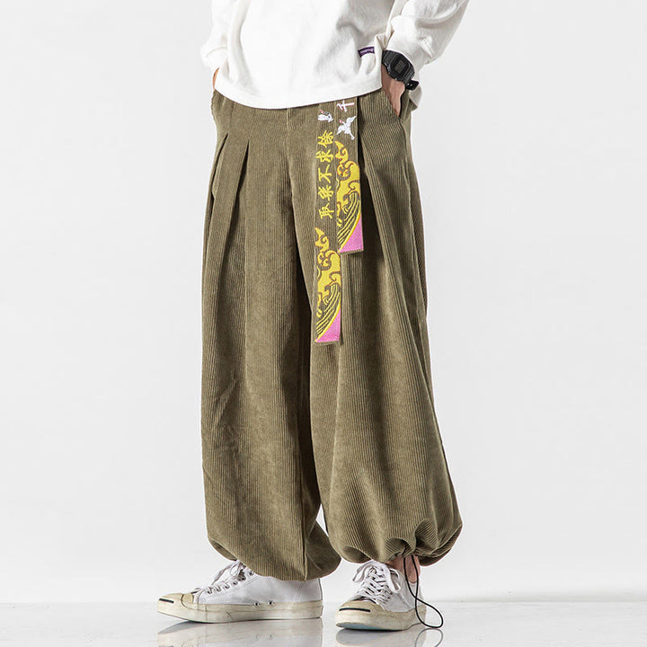 Buddha Stones Fall Winter Lace-up Chinese Character Embroidery Men's Corduroy Pants With Pockets - image 9