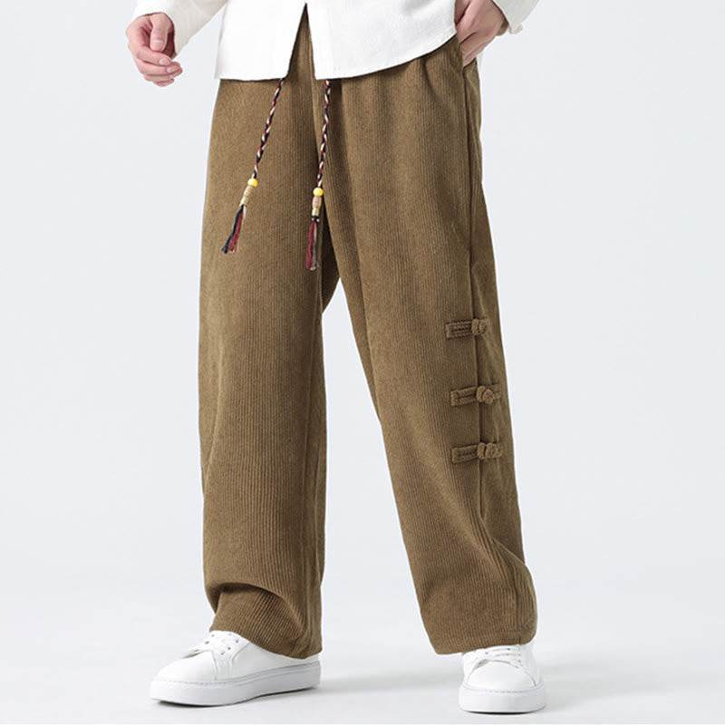 Buddha Stones Fall Solid Frog-Button Men's Drawstring Corduroy Straight Leg Pants With Pockets - image 5