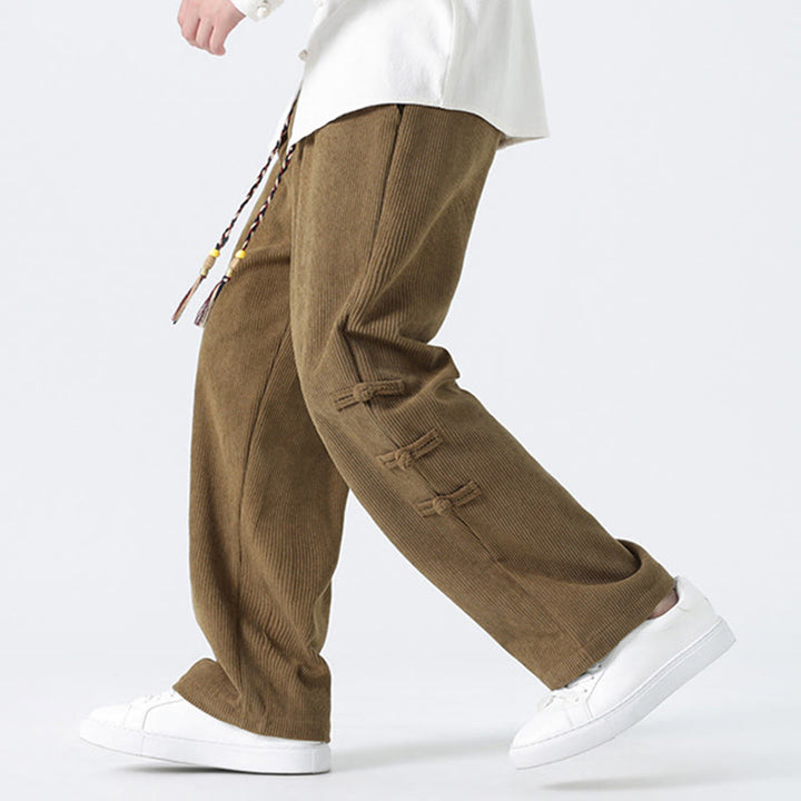 Buddha Stones Fall Solid Frog-Button Men's Drawstring Corduroy Straight Leg Pants With Pockets - image 7