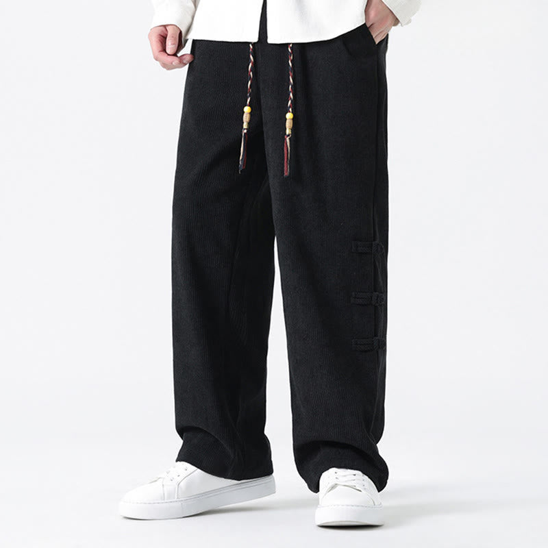 Buddha Stones Fall Solid Frog-Button Men's Drawstring Corduroy Straight Leg Pants With Pockets - image 18