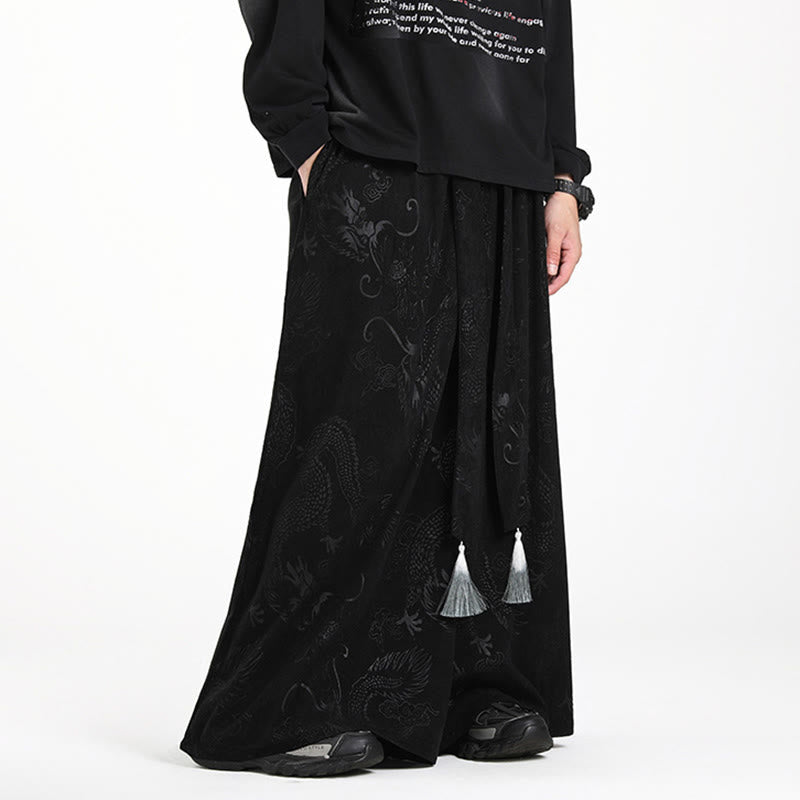 Buddha Stones Dragon Jacquard Drawstring Design Men's Corduroy Wide Leg Pants With Pockets - image 11