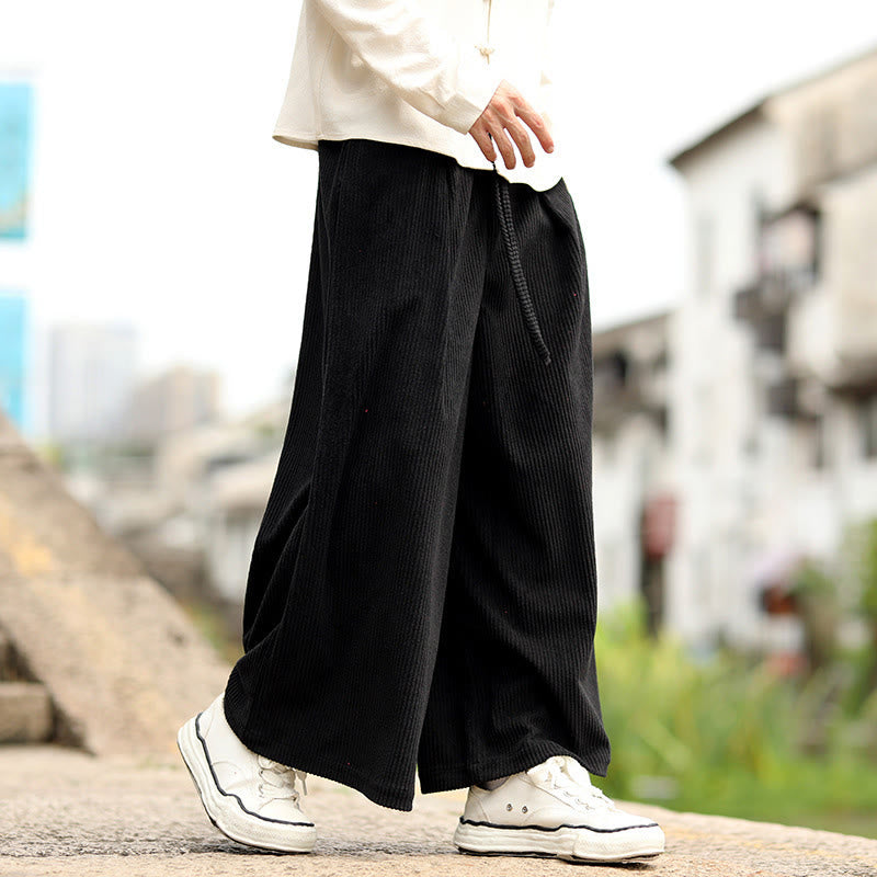 Buddha Stones Fall Solid Color Drawstring Design Men's Corduroy Wide Leg Pants With Pockets - Black - US/UK/AU46，EU56 (5XL) - image 6