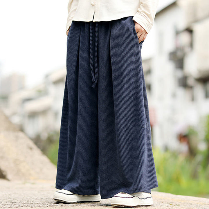 Buddha Stones Fall Solid Color Drawstring Design Men's Corduroy Wide Leg Pants With Pockets - image 2