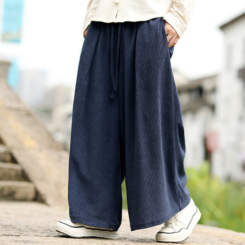 Buddha Stones Fall Solid Color Drawstring Design Men's Corduroy Wide Leg Pants With Pockets - image 3