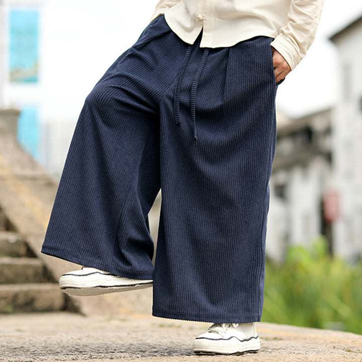 Buddha Stones Fall Solid Color Drawstring Design Men's Corduroy Wide Leg Pants With Pockets - image 5