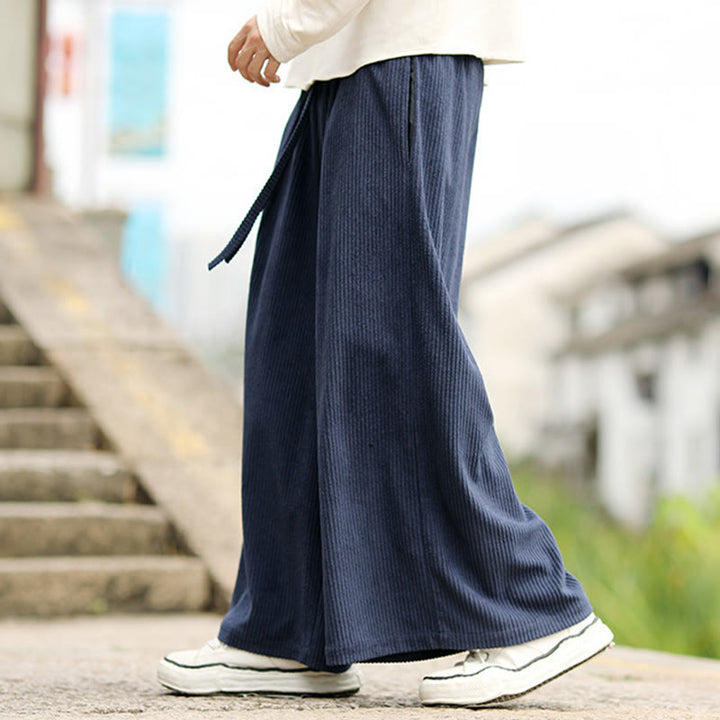 Buddha Stones Fall Solid Color Drawstring Design Men's Corduroy Wide Leg Pants With Pockets - image 4