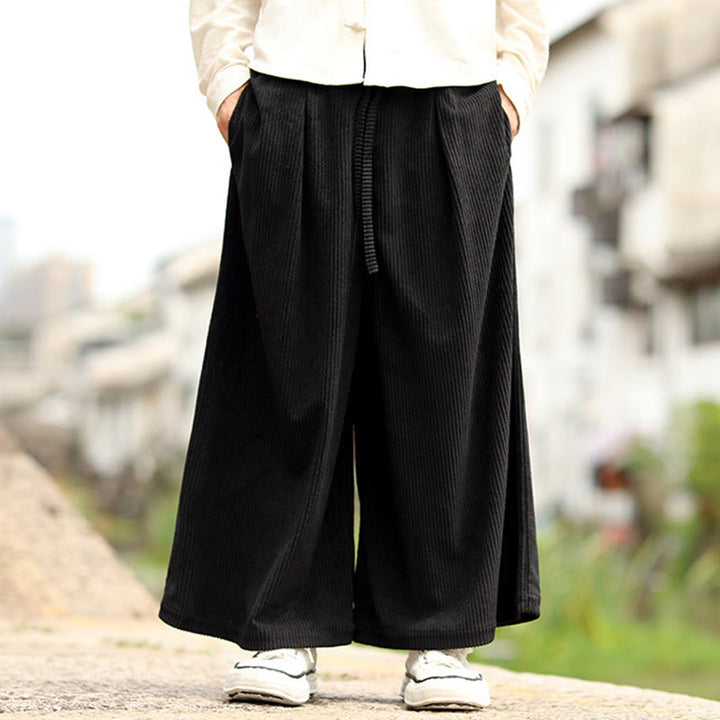 Buddha Stones Fall Solid Color Drawstring Design Men's Corduroy Wide Leg Pants With Pockets - image 7