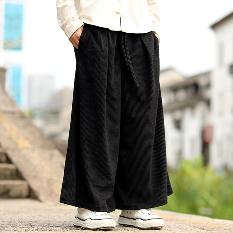 Buddha Stones Fall Solid Color Drawstring Design Men's Corduroy Wide Leg Pants With Pockets - image 8