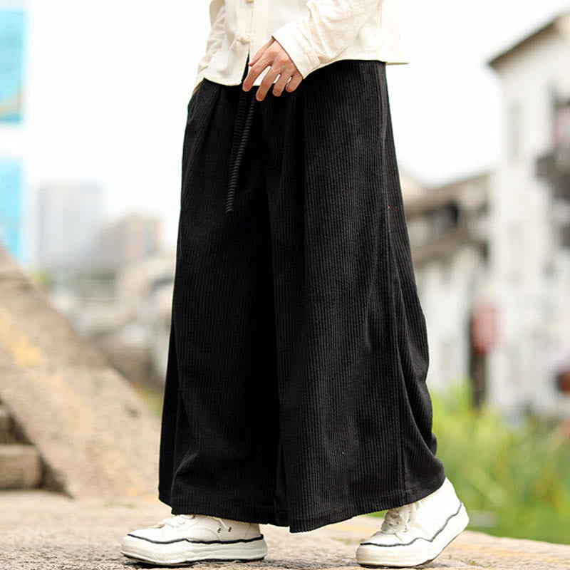 Buddha Stones Fall Solid Color Drawstring Design Men's Corduroy Wide Leg Pants With Pockets - image 11