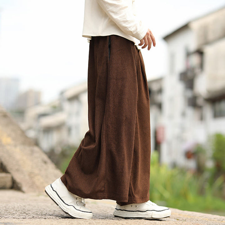 Buddha Stones Fall Solid Color Drawstring Design Men's Corduroy Wide Leg Pants With Pockets - image 17