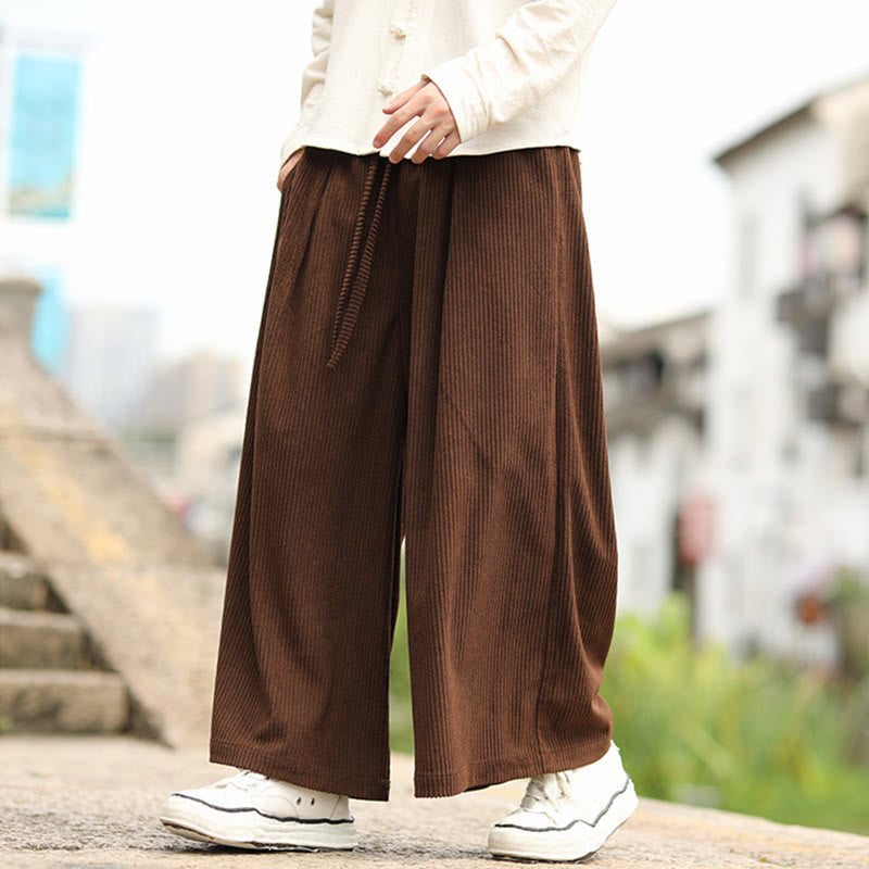 Buddha Stones Fall Solid Color Drawstring Design Men's Corduroy Wide Leg Pants With Pockets - image 18