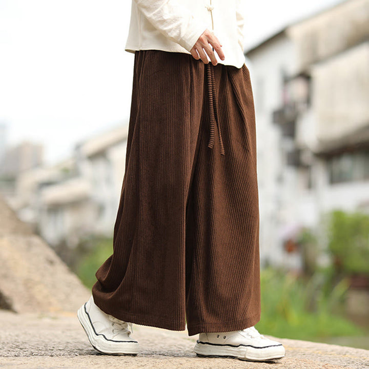 Buddha Stones Fall Solid Color Drawstring Design Men's Corduroy Wide Leg Pants With Pockets - image 14