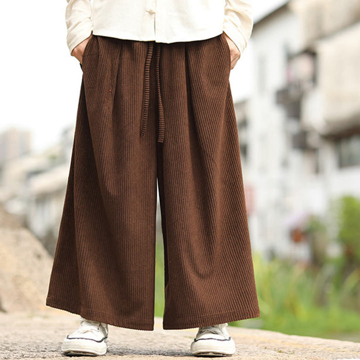 Buddha Stones Fall Solid Color Drawstring Design Men's Corduroy Wide Leg Pants With Pockets - image 15