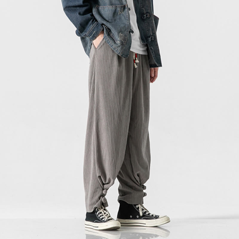 Buddha Stones Fall Winter Men's Pure Color Button Design Cotton Straight Leg Pants With Pockets - image 3