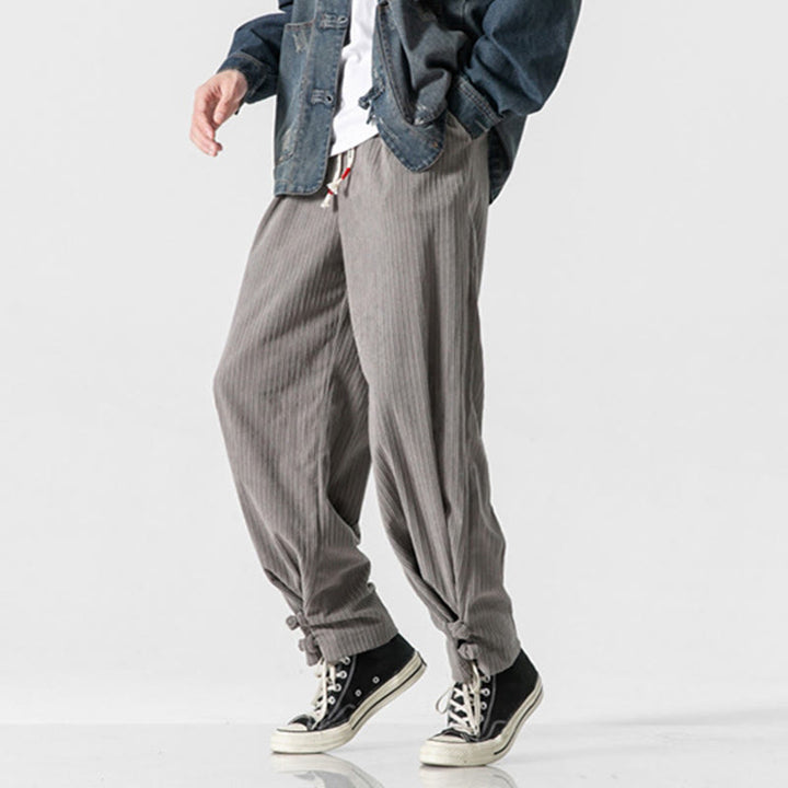 Buddha Stones Fall Winter Men's Pure Color Button Design Cotton Straight Leg Pants With Pockets - image 9