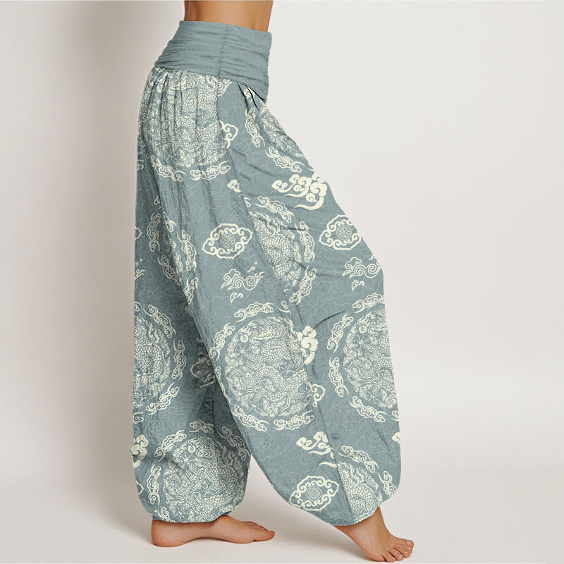 Buddha Stones Cotton Light Color Dragon Cloud Pattern Women's Elastic Waist Harem Pants - image 2