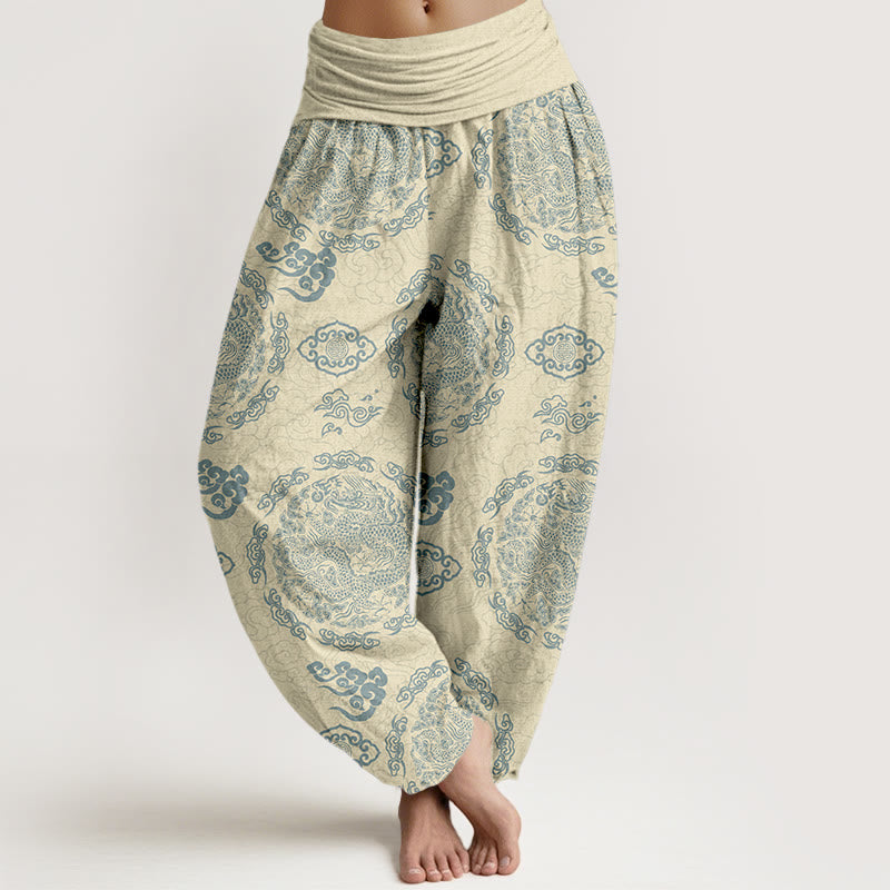 Buddha Stones Cotton Light Color Dragon Cloud Pattern Women's Elastic Waist Harem Pants - LemonChiffon - US16，UK/AU20，EU48 (3XL) - image 8