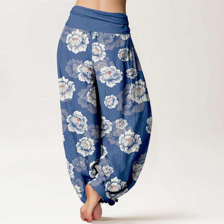 Buddha Stones Cotton Elegant White Flowers Pattern Women's Elastic Waist Harem Pants - image 6