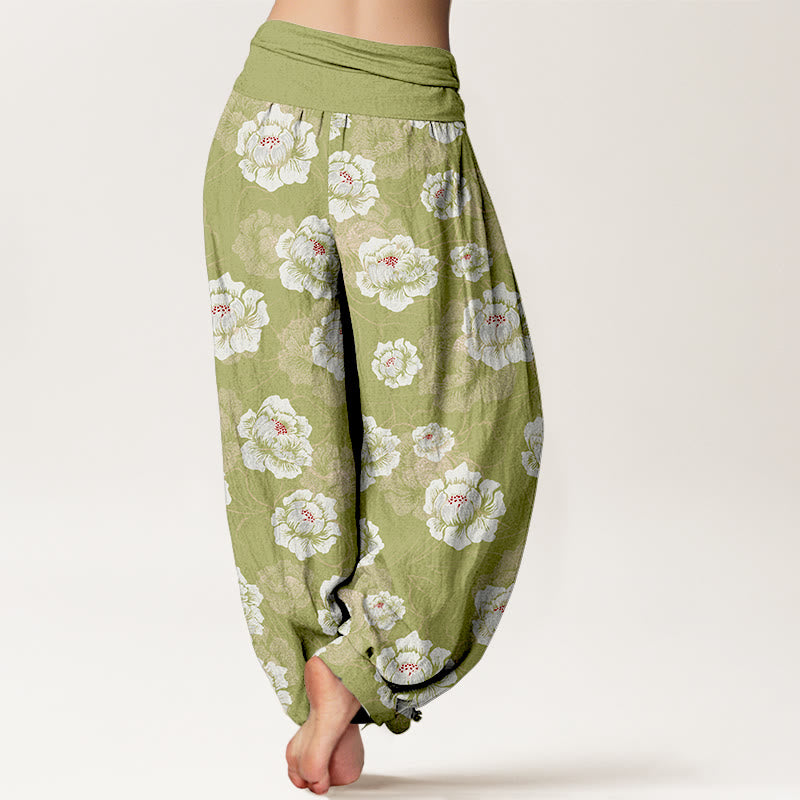 Buddha Stones Cotton Elegant White Flowers Pattern Women's Elastic Waist Harem Pants - image 9