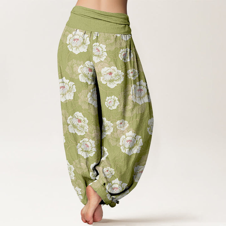 Buddha Stones Cotton Elegant White Flowers Pattern Women's Elastic Waist Harem Pants - image 9