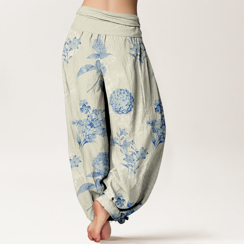 Buddha Stones Cotton Refresh Hydrangea Clustered Flowers Pattern Women's Elastic Waist Harem Pants - image 1
