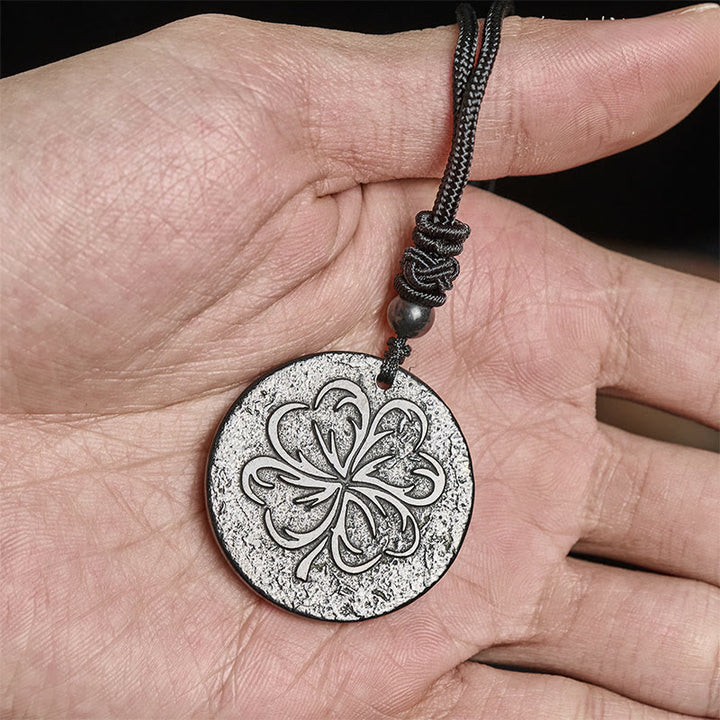 Buddha Stones Four Leaf Clover Authentic Shungite Stone Graphite Stone Protection Necklace Pendant - image 6