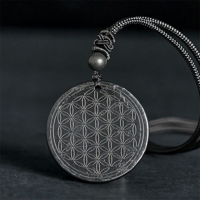 Buddha Stones Flower of Life Carving Design Authentic Shungite Stone Protection Necklace Pendant - Flower of Life(Intaglio Carving) - 35-40mm - image 8
