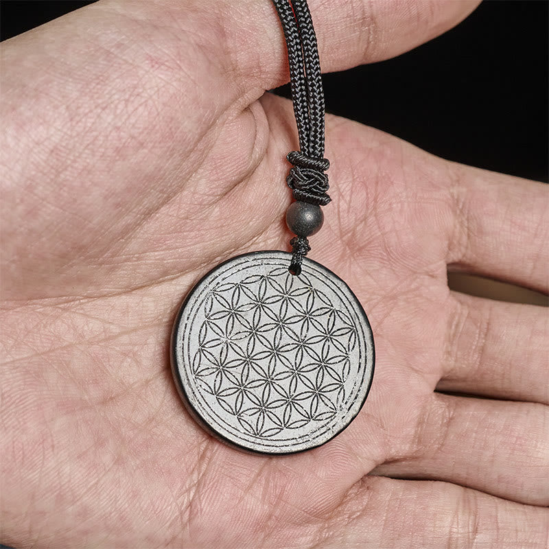 Buddha Stones Flower of Life Carving Design Authentic Shungite Stone Protection Necklace Pendant - image 10