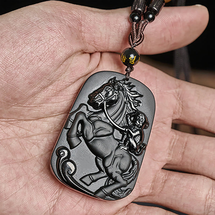 Buddha Stones Year of the Horse Monkey Pattern Om Mani Padme Hum Black Obsidian Strength Necklace Pendant - image 5