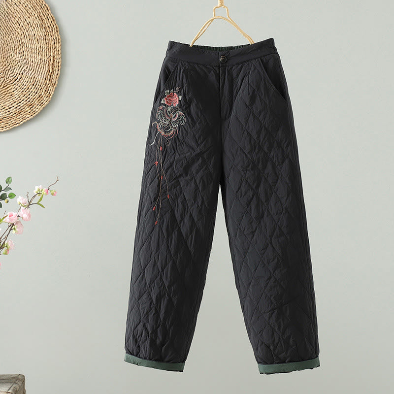 Buddha Stones Pink Flower Rhombus Pattern Thick Women's Pants With Pockets - Black - US8-10，UK/AU12-14，EU40-42 (2XL) - image 11