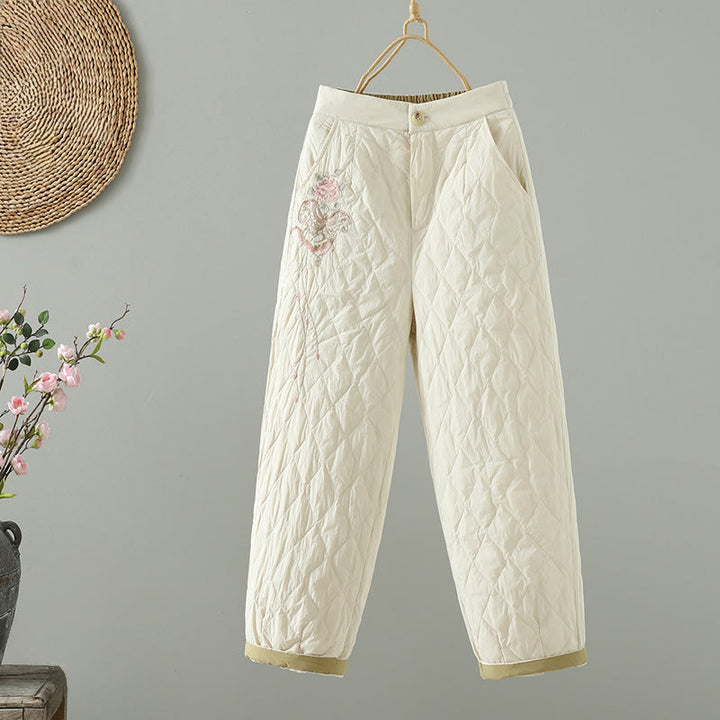 Buddha Stones Pink Flower Rhombus Pattern Thick Women's Pants With Pockets - Snow - US8-10，UK/AU12-14，EU40-42 (2XL) - image 1