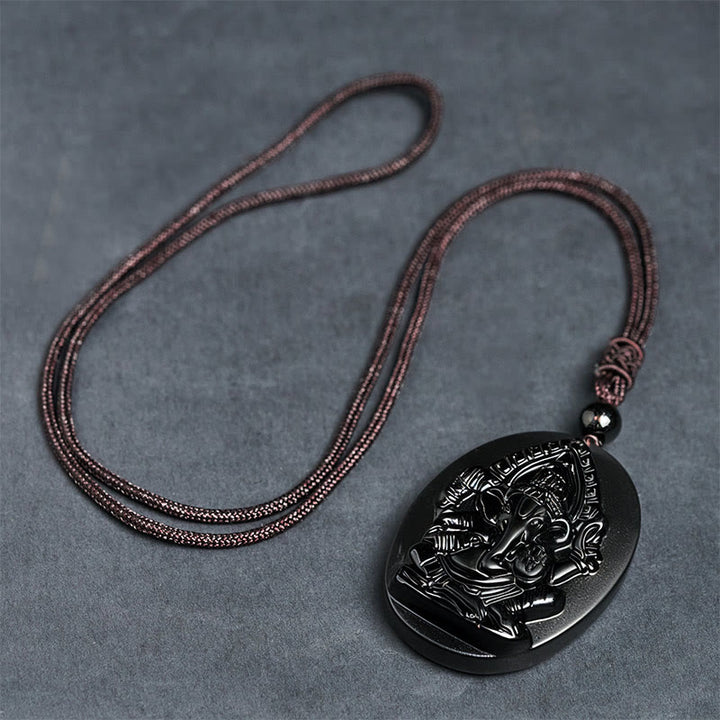 Buddha Stones Ganesh Elephant Relief Design Natural Black Obsidian Strength Necklace Pendant - image 8