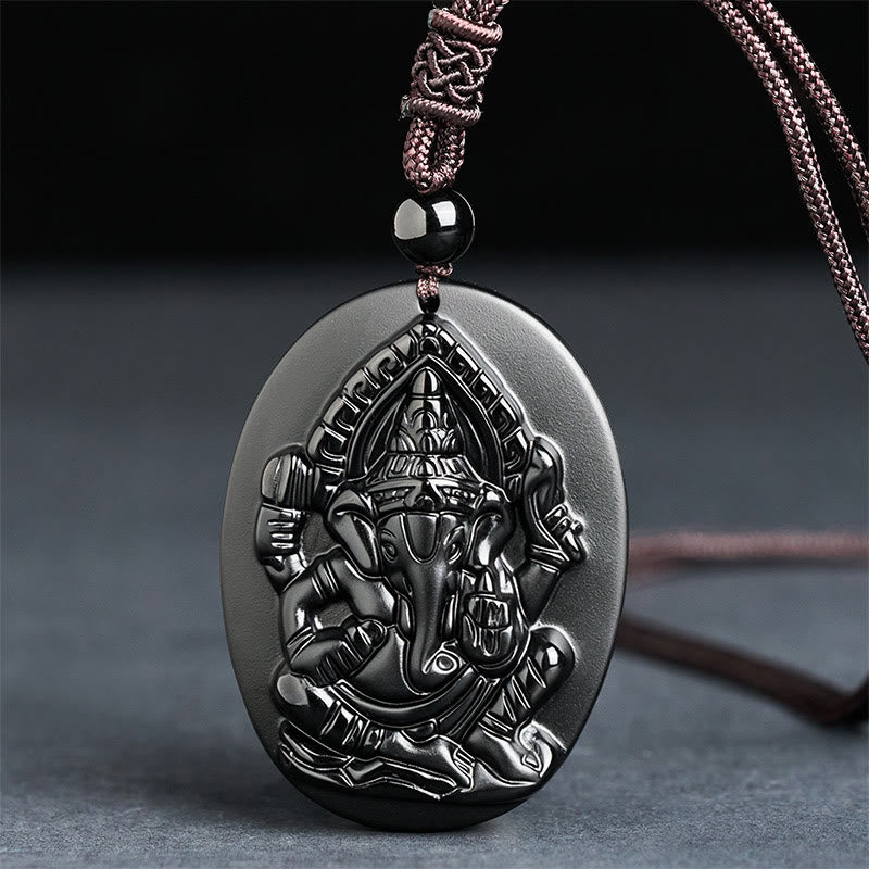 Buddha Stones Ganesh Elephant Relief Design Natural Black Obsidian Strength Necklace Pendant - Black Obsidian(Pendant Size: 53*39mm) - image 0