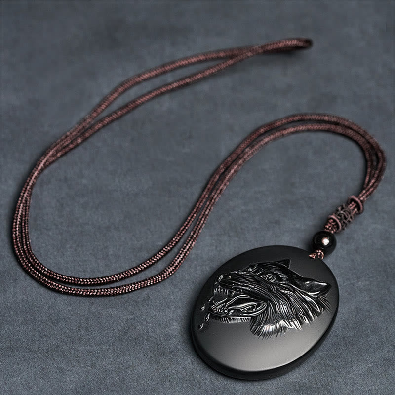 Buddha Stones Wolf Head Natural Black Obsidian Strength Necklace Pendant - image 7